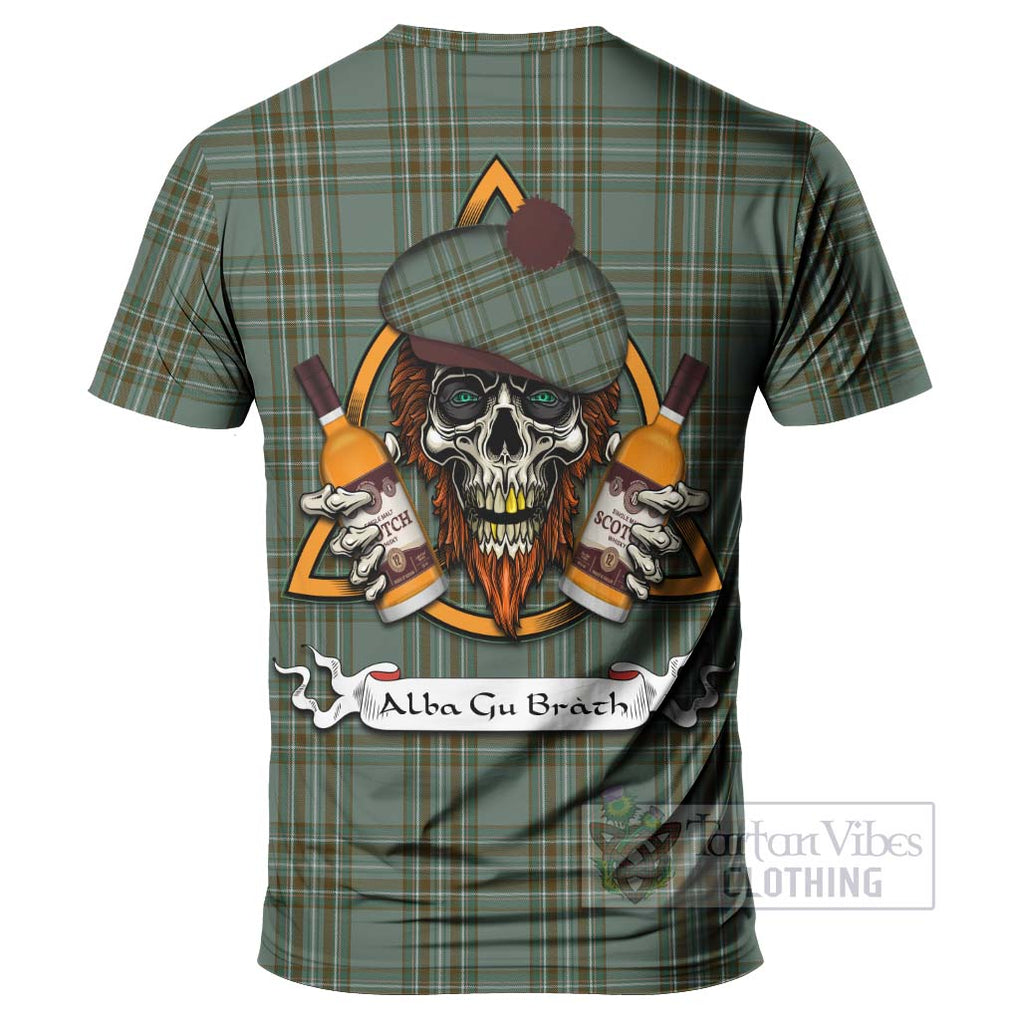 Tartan Vibes Clothing Kelly Tartan T-Shirt with Family Crest and Bearded Skull Holding Bottles of Whiskey