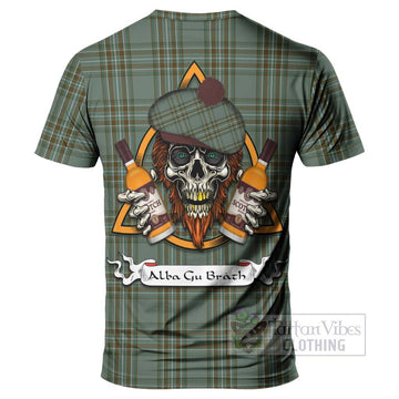 Tartan Vibes Clothing Kelly Tartan T-Shirt with Family Crest and Bearded Skull Holding Bottles of Whiskey