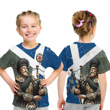 Tartan Vibes Clothing Kelly Tartan Kid T-Shirt with Family Crest Scottish Bagpiper Vibes