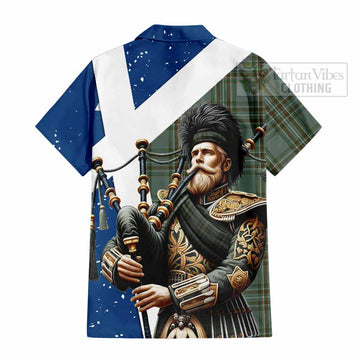 Tartan Vibes Clothing Kelly Tartan Short Sleeve Button Shirt with Family Crest Scottish Bagpiper Vibes