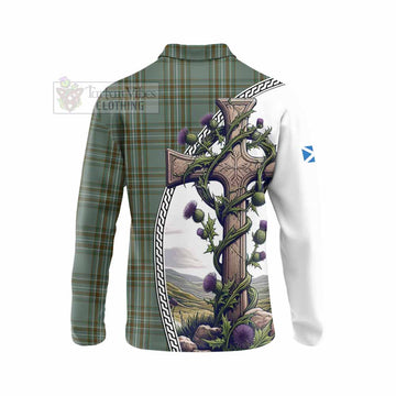 Tartan Vibes Clothing Kelly Tartan Long Sleeve Polo Shirt with Family Crest and St. Andrew's Cross Accented by Thistle Vines