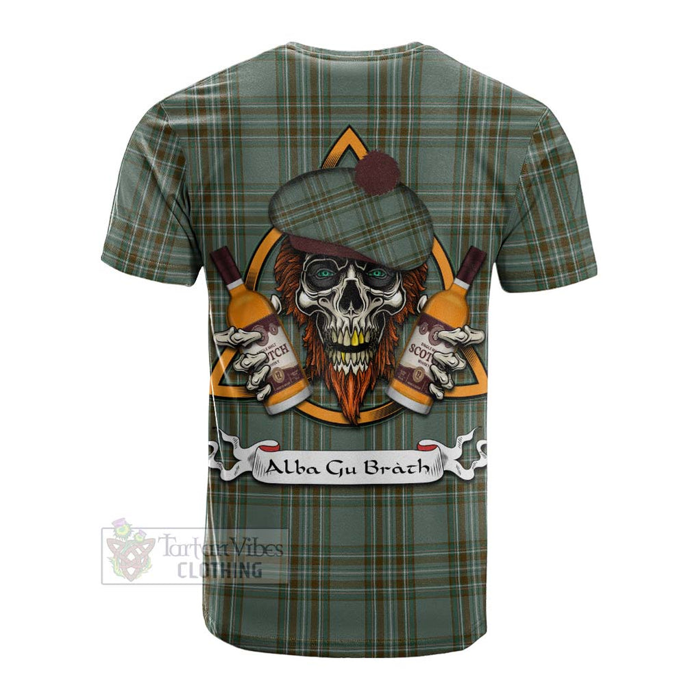 Tartan Vibes Clothing Kelly Tartan Cotton T-shirt with Family Crest and Bearded Skull Holding Bottles of Whiskey