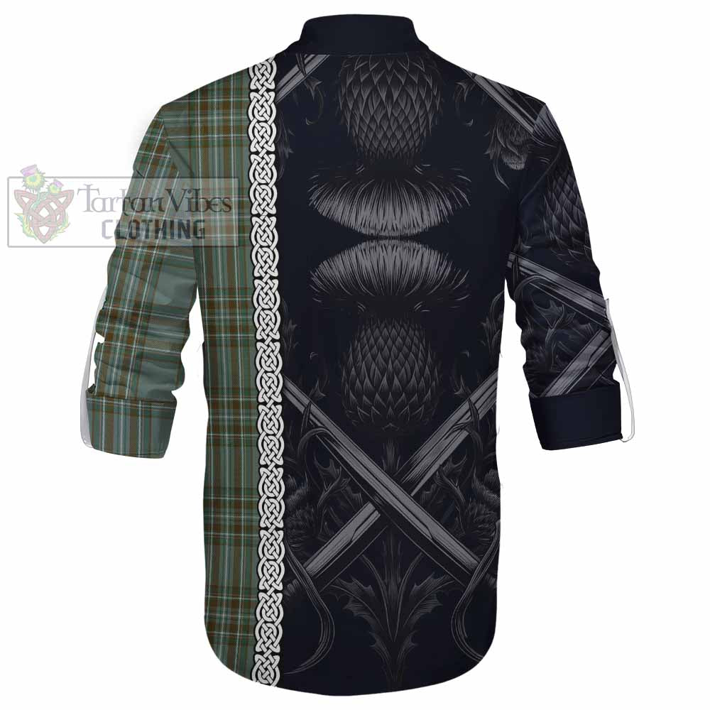 Tartan Vibes Clothing Kelly Tartan Ghillie Kilt Shirt with Family Crest Cross Sword Thistle Celtic Vibes