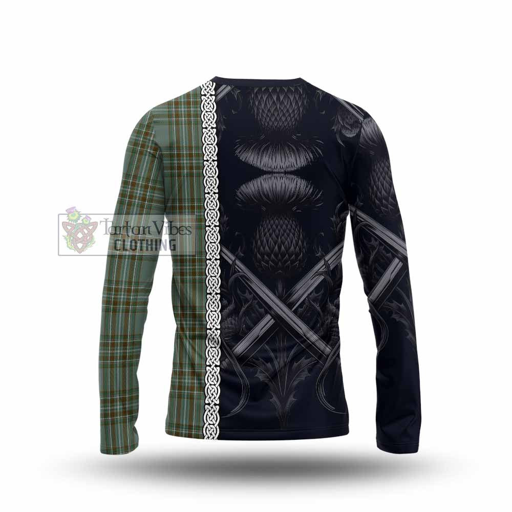 Tartan Vibes Clothing Kelly Tartan Long Sleeve T-Shirt with Family Crest Cross Sword Thistle Celtic Vibes