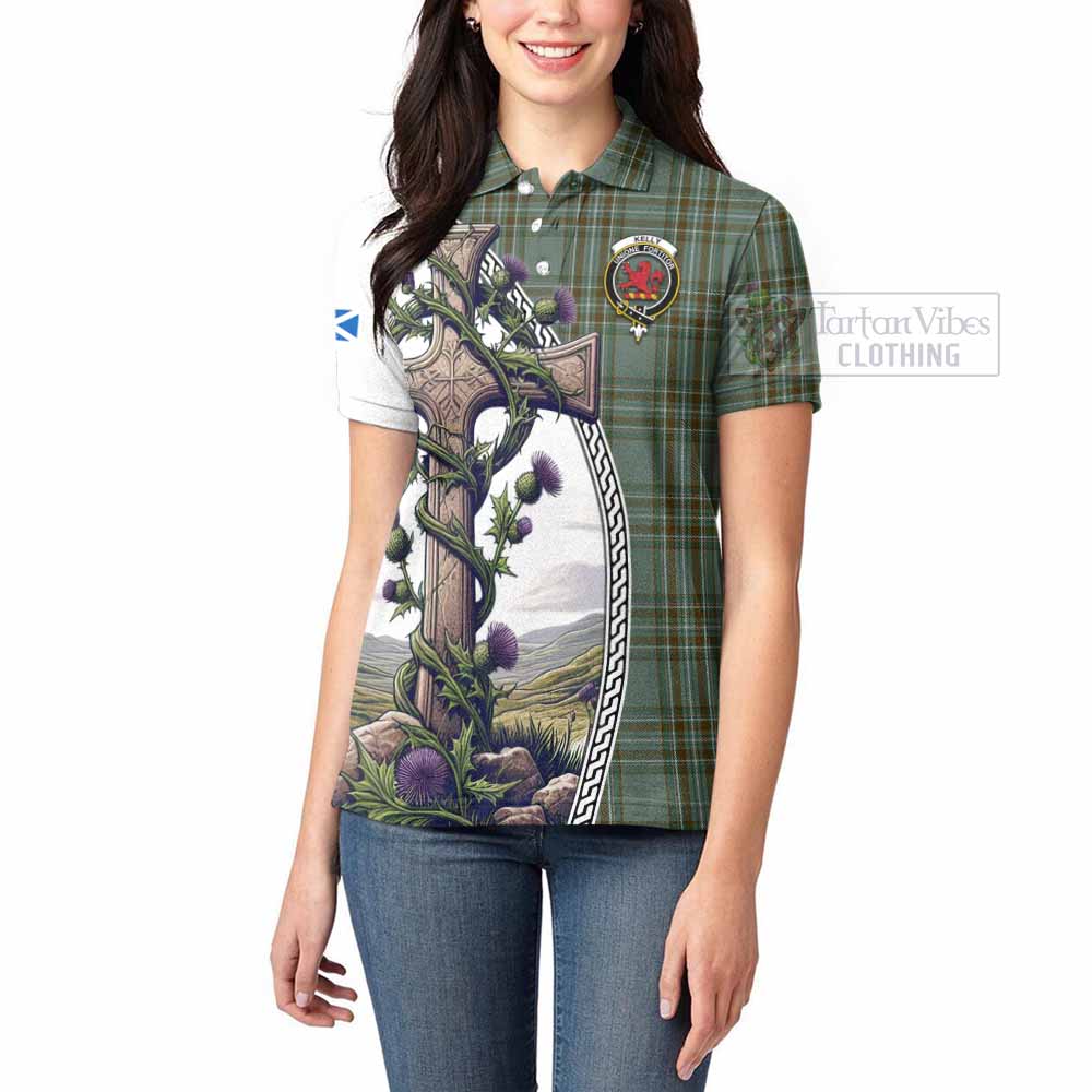 Tartan Vibes Clothing Kelly Tartan Women's Polo Shirt with Family Crest and St. Andrew's Cross Accented by Thistle Vines