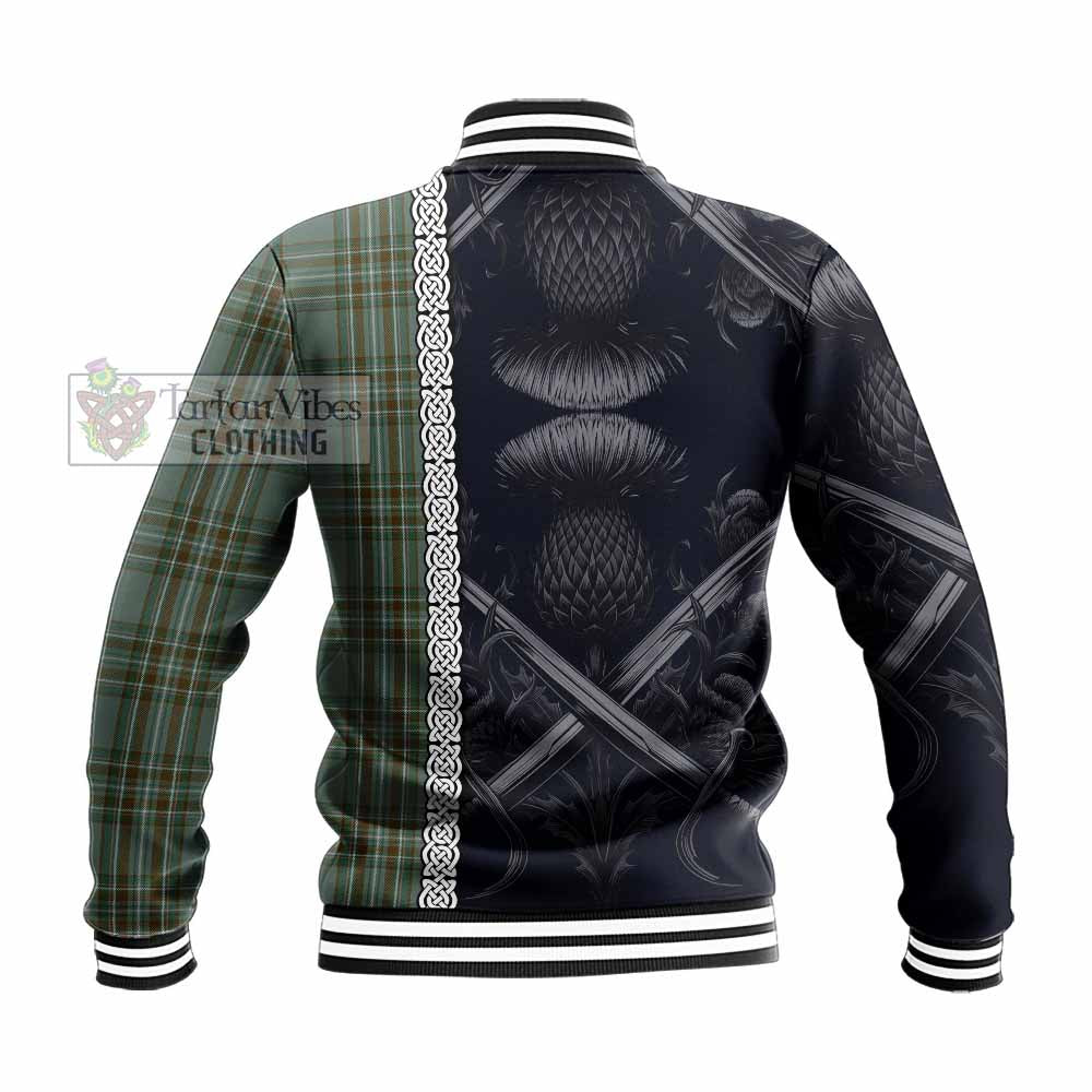 Tartan Vibes Clothing Kelly Tartan Baseball Jacket with Family Crest Cross Sword Thistle Celtic Vibes