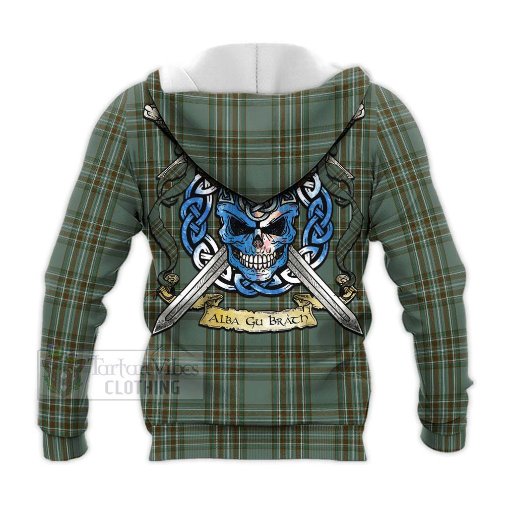Tartan Vibes Clothing Kelly Tartan Knitted Hoodie with Family Crest Celtic Skull Style