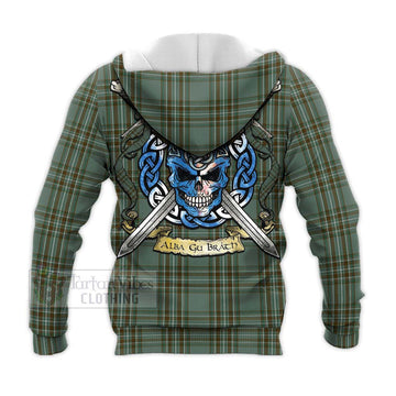 Tartan Vibes Clothing Kelly Tartan Knitted Hoodie with Family Crest Celtic Skull Style