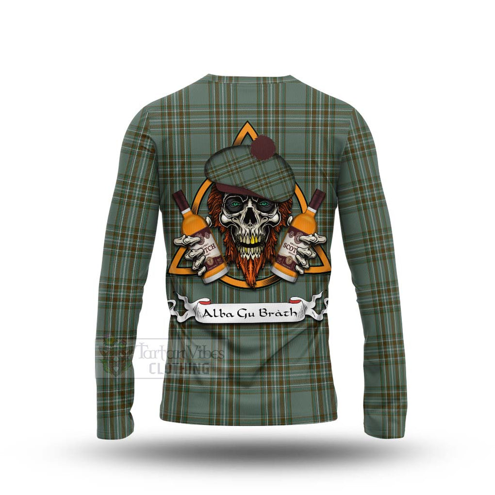 Tartan Vibes Clothing Kelly Tartan Long Sleeve T-Shirt with Family Crest and Bearded Skull Holding Bottles of Whiskey