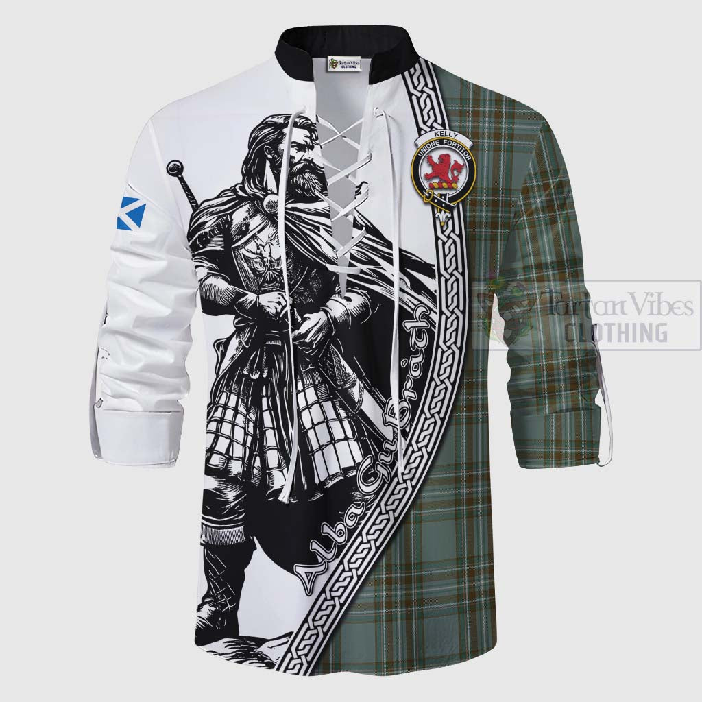 Tartan Vibes Clothing Kelly Tartan Clan Crest Ghillie Kilt Shirt with Highlander Warrior Celtic Style