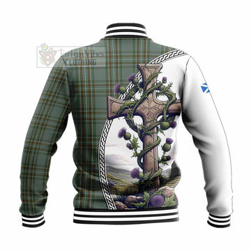 Tartan Vibes Clothing Kelly Tartan Baseball Jacket with Family Crest and St. Andrew's Cross Accented by Thistle Vines
