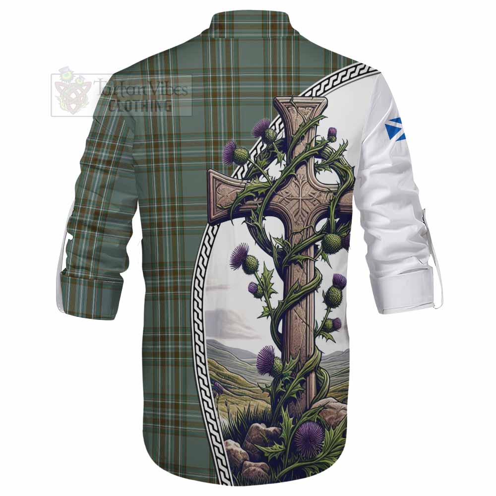 Tartan Vibes Clothing Kelly Tartan Ghillie Kilt Shirt with Family Crest and St. Andrew's Cross Accented by Thistle Vines