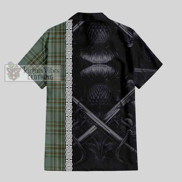 Tartan Vibes Clothing Kelly Tartan Short Sleeve Button Shirt with Family Crest Cross Sword Thistle Celtic Vibes