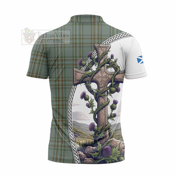 Tartan Vibes Clothing Kelly Tartan Zipper Polo Shirt with Family Crest and St. Andrew's Cross Accented by Thistle Vines