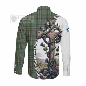Tartan Vibes Clothing Kelly Tartan Long Sleeve Button Shirt with Family Crest and St. Andrew's Cross Accented by Thistle Vines