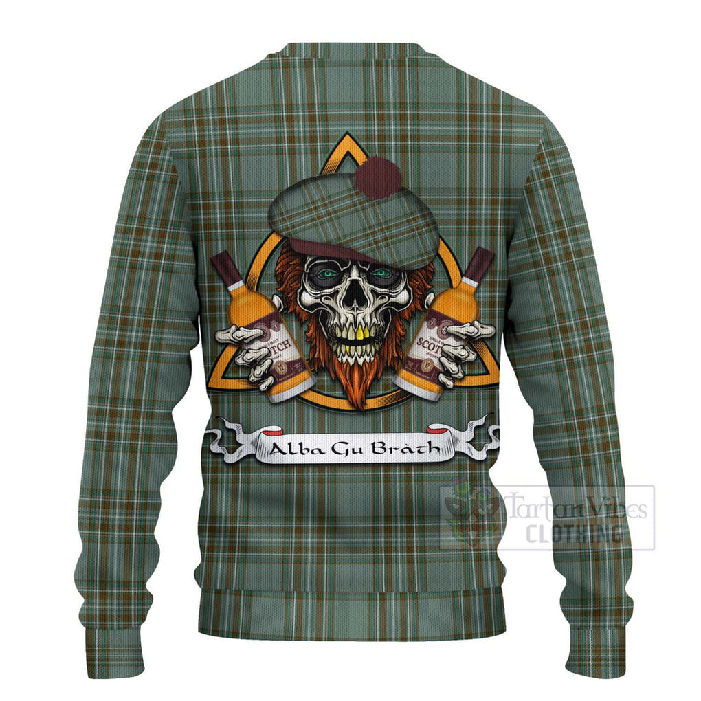 Tartan Vibes Clothing Kelly Tartan Knitted Sweater with Family Crest and Bearded Skull Holding Bottles of Whiskey