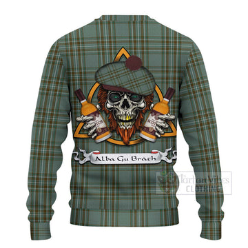 Tartan Vibes Clothing Kelly Tartan Knitted Sweater with Family Crest and Bearded Skull Holding Bottles of Whiskey