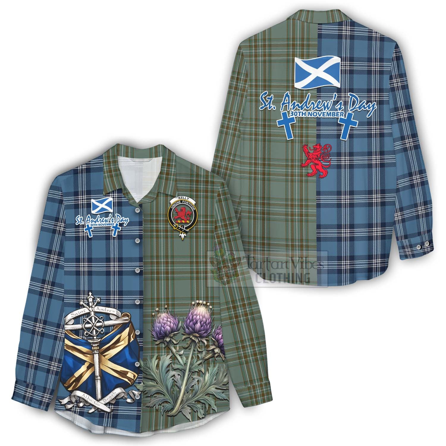 Tartan Vibes Clothing Kelly Tartan Women's Casual Shirt Happy St. Andrew's Day Half Tartan Style