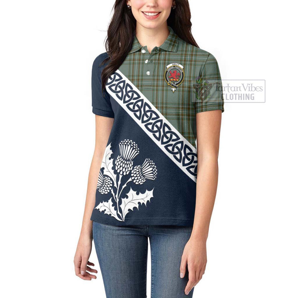 Tartan Vibes Clothing Kelly Tartan Women's Polo Shirt Featuring Thistle and Scotland Map