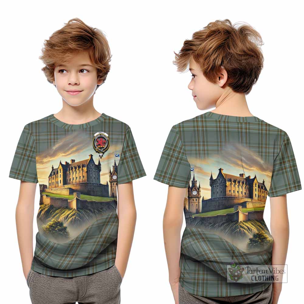 Tartan Vibes Clothing Kelly Tartan Family Crest Kid T-Shirt with Scottish Ancient Castle Style