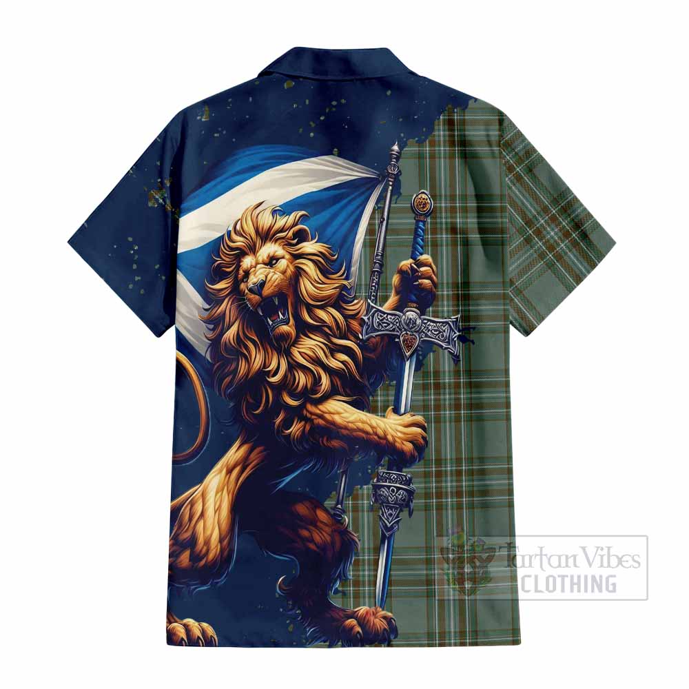 Tartan Vibes Clothing Kelly Tartan Family Crest Short Sleeve Button Shirt with Scottish Majestic Lion