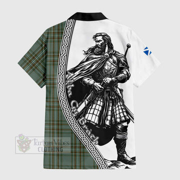 Tartan Vibes Clothing Kelly Tartan Clan Crest Short Sleeve Button Shirt with Highlander Warrior Celtic Style