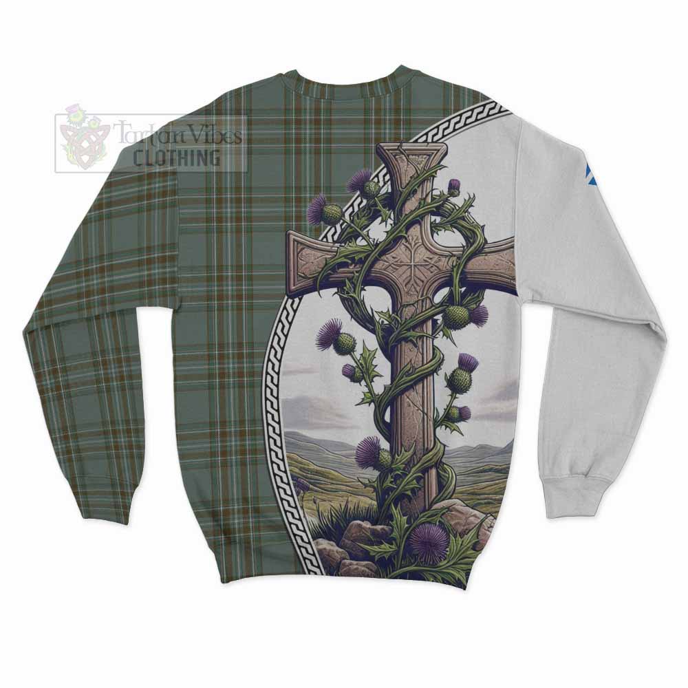 Tartan Vibes Clothing Kelly Tartan Sweatshirt with Family Crest and St. Andrew's Cross Accented by Thistle Vines