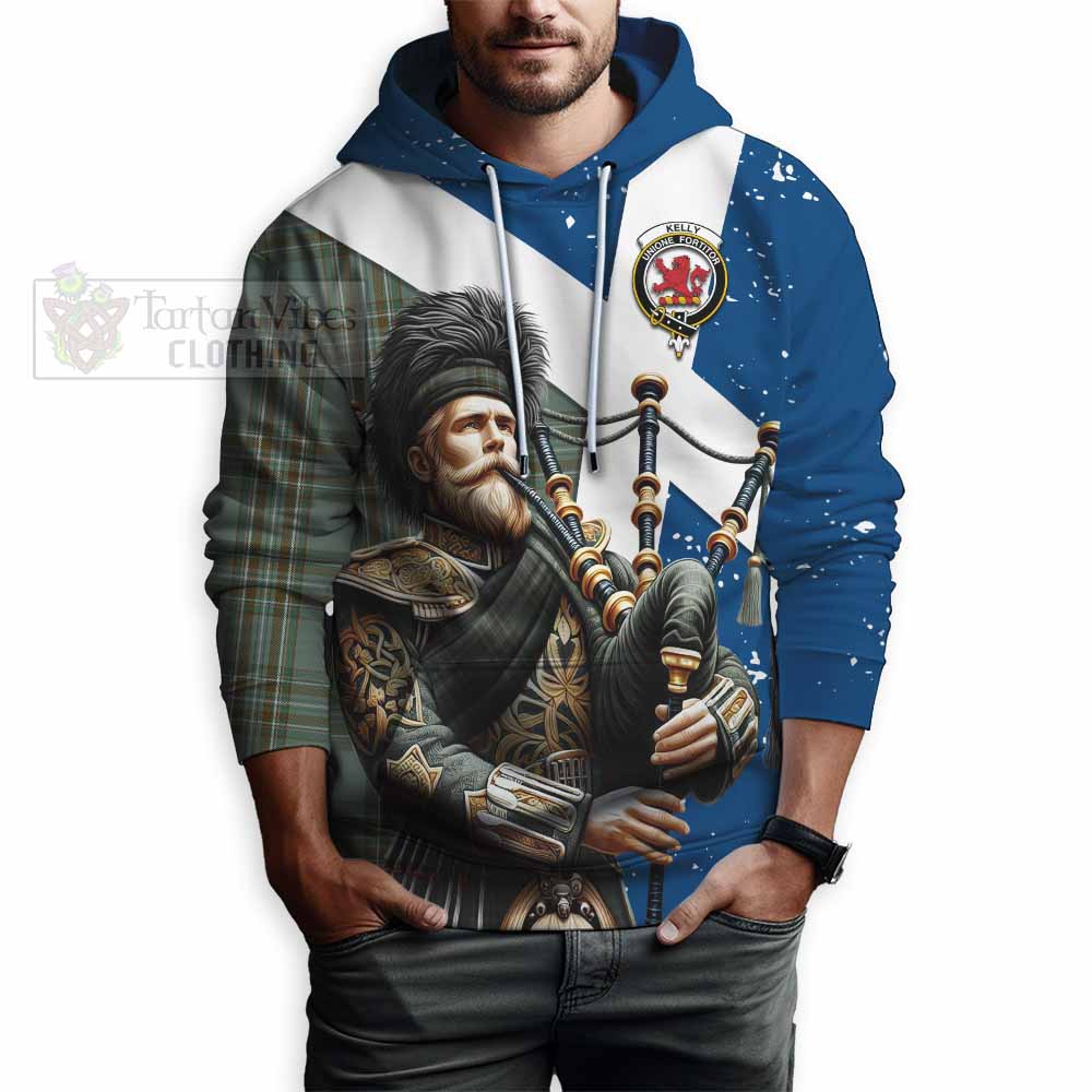 Tartan Vibes Clothing Kelly Tartan Hoodie with Family Crest Scottish Bagpiper Vibes