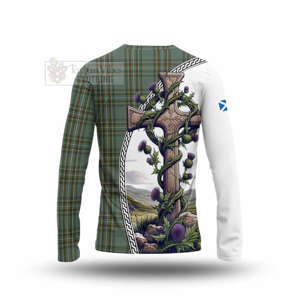 Tartan Vibes Clothing Kelly Tartan Long Sleeve T-Shirt with Family Crest and St. Andrew's Cross Accented by Thistle Vines