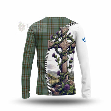 Tartan Vibes Clothing Kelly Tartan Long Sleeve T-Shirt with Family Crest and St. Andrew's Cross Accented by Thistle Vines