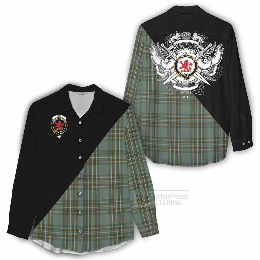 Tartan Vibes Clothing Kelly Tartan Women's Casual Shirt with Family Crest and Military Logo Style