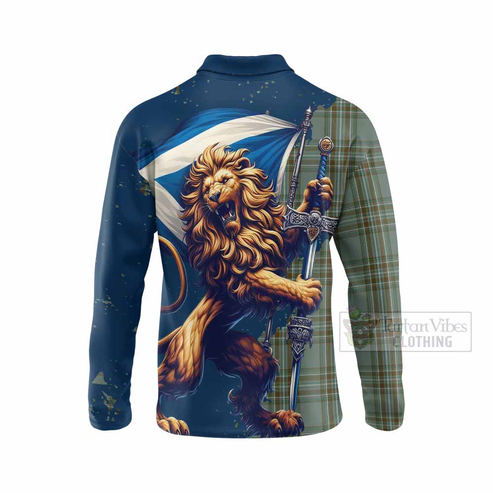 Tartan Vibes Clothing Kelly Tartan Family Crest Long Sleeve Polo Shirt with Scottish Majestic Lion