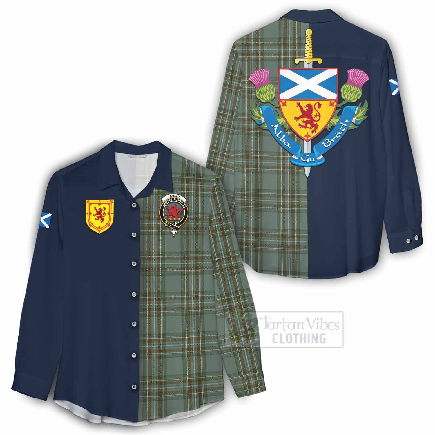 Tartan Vibes Clothing Kelly Tartan Women's Casual Shirt Alba with Scottish Lion Royal Arm Half Style