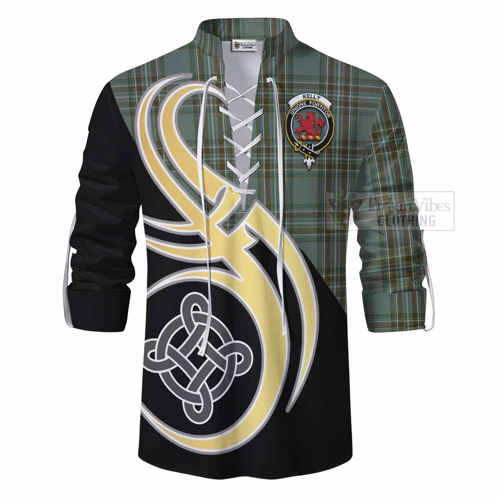 Tartan Vibes Clothing Kelly Tartan Ghillie Kilt Shirt with Family Crest and Celtic Symbol Style
