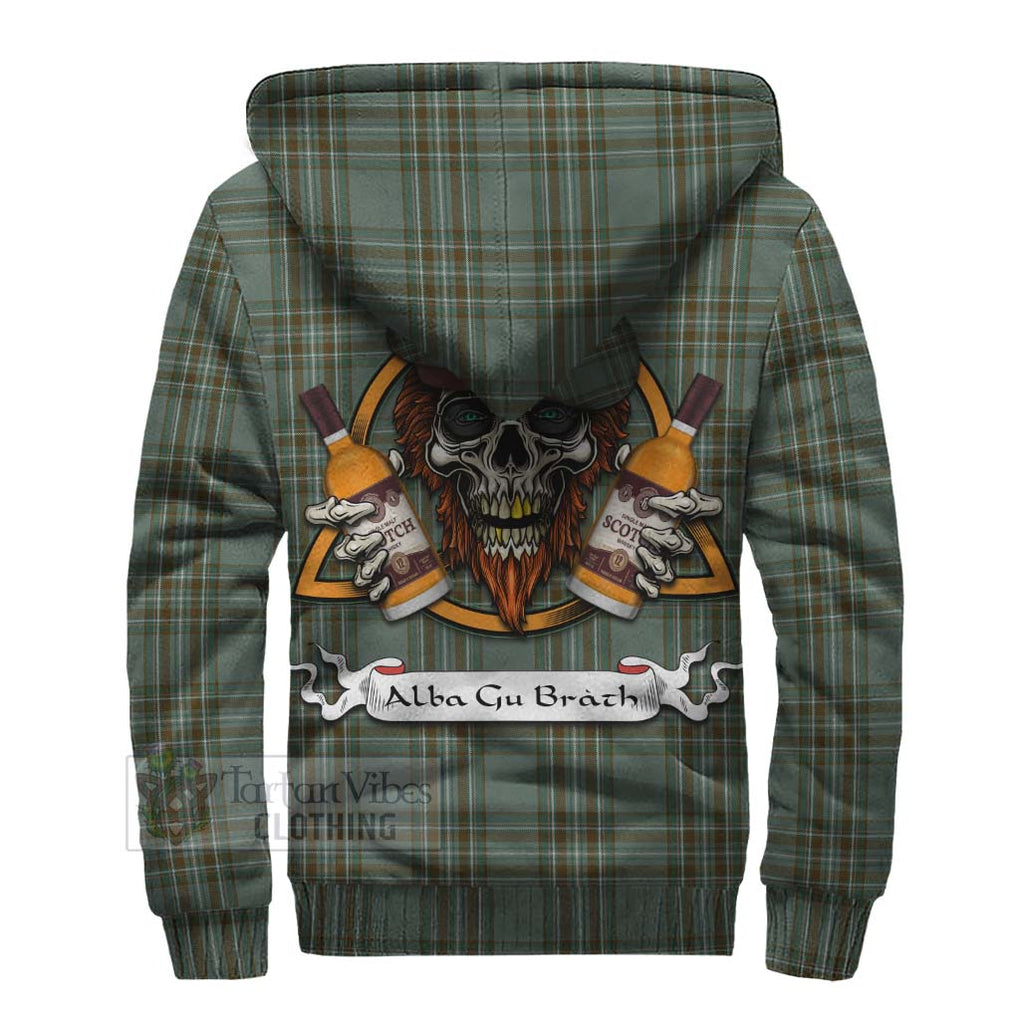 Tartan Vibes Clothing Kelly Tartan Sherpa Hoodie with Family Crest and Bearded Skull Holding Bottles of Whiskey