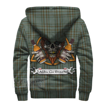 Tartan Vibes Clothing Kelly Tartan Sherpa Hoodie with Family Crest and Bearded Skull Holding Bottles of Whiskey