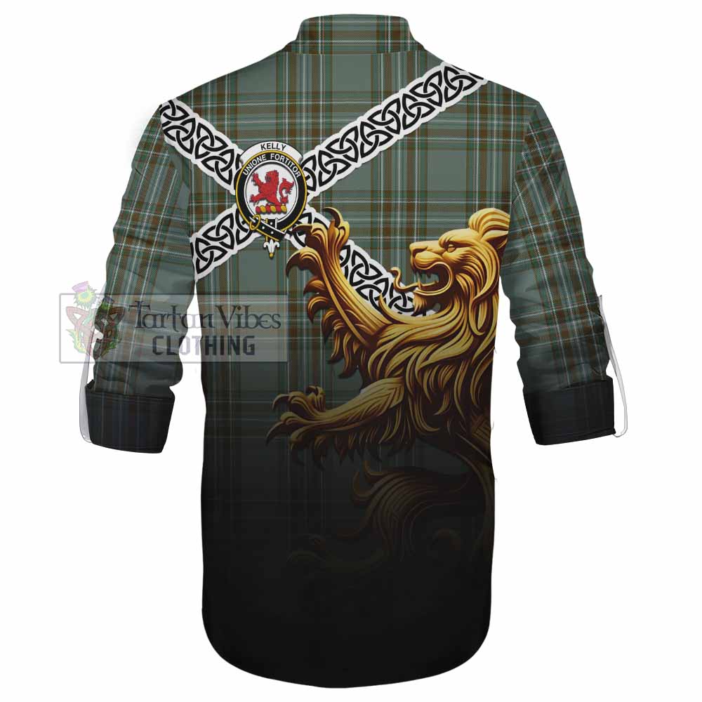 Tartan Vibes Clothing Kelly Crest Tartan Ghillie Kilt Shirt with Golden Lion Emblem Celtic Style