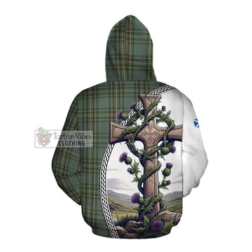 Tartan Vibes Clothing Kelly Tartan Cotton Hoodie with Family Crest and St. Andrew's Cross Accented by Thistle Vines
