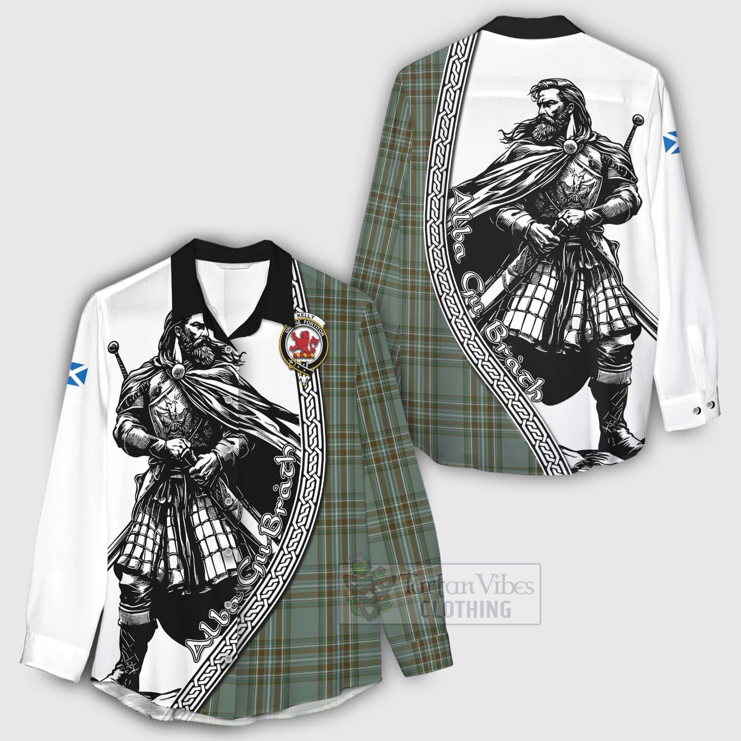 Tartan Vibes Clothing Kelly Tartan Clan Crest Women's Casual Shirt with Highlander Warrior Celtic Style