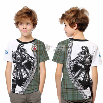 Kelly Tartan Clan Crest Kid T-Shirt with Highlander Warrior Celtic Style