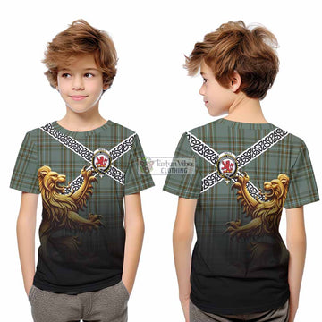 Tartan Vibes Clothing Kelly Crest Tartan Kid T-Shirt with Golden Lion Emblem Celtic Style