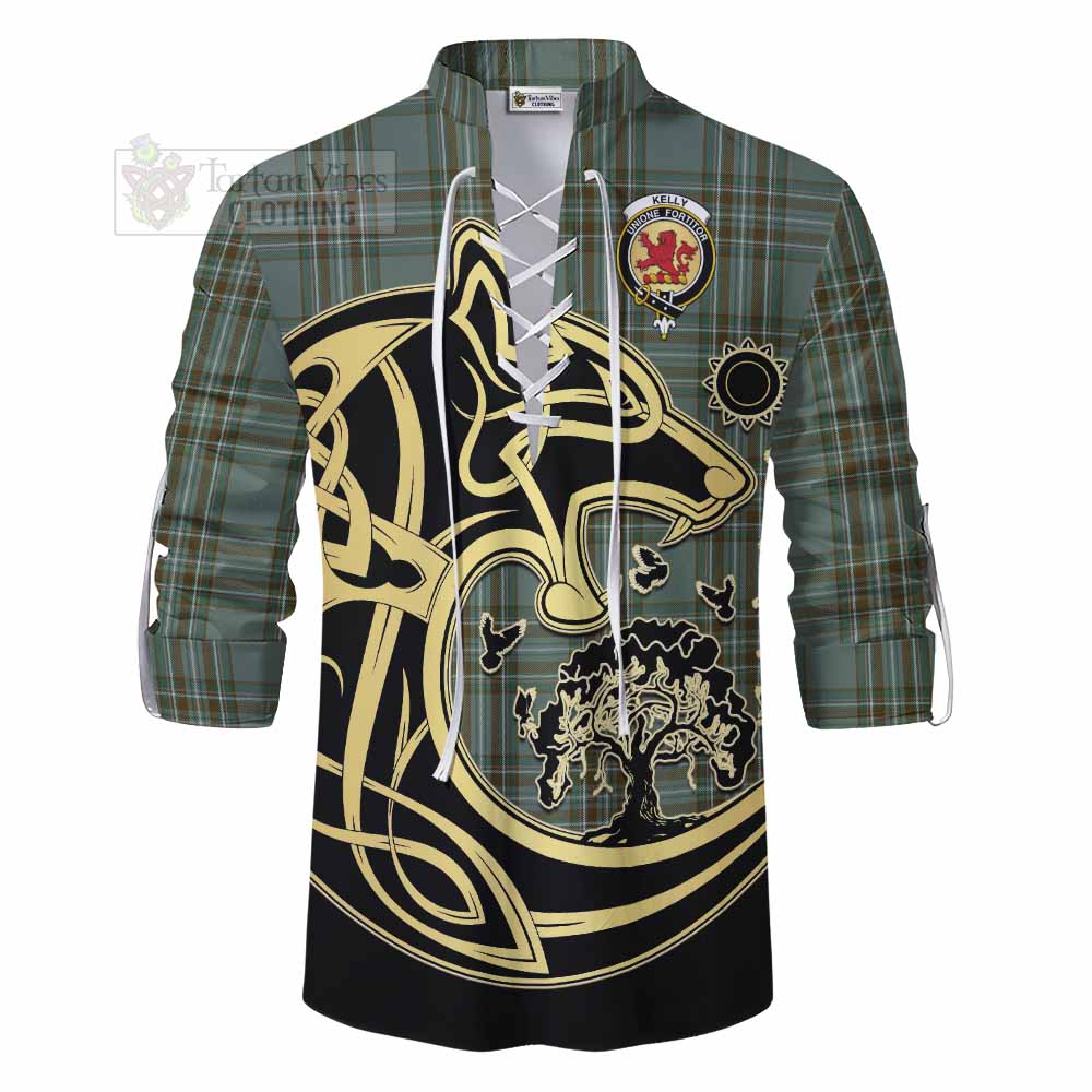 Tartan Vibes Clothing Kelly Tartan Ghillie Kilt Shirt with Family Crest Celtic Wolf Style