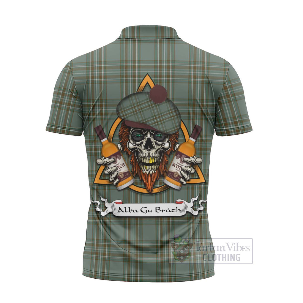 Tartan Vibes Clothing Kelly Tartan Zipper Polo Shirt with Family Crest and Bearded Skull Holding Bottles of Whiskey