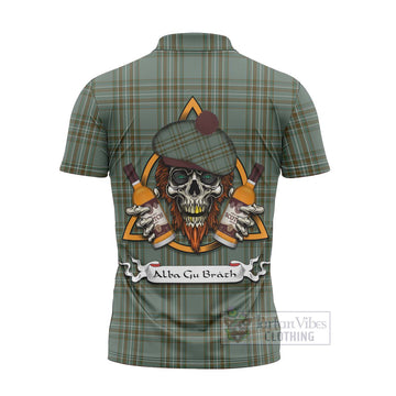 Tartan Vibes Clothing Kelly Tartan Zipper Polo Shirt with Family Crest and Bearded Skull Holding Bottles of Whiskey