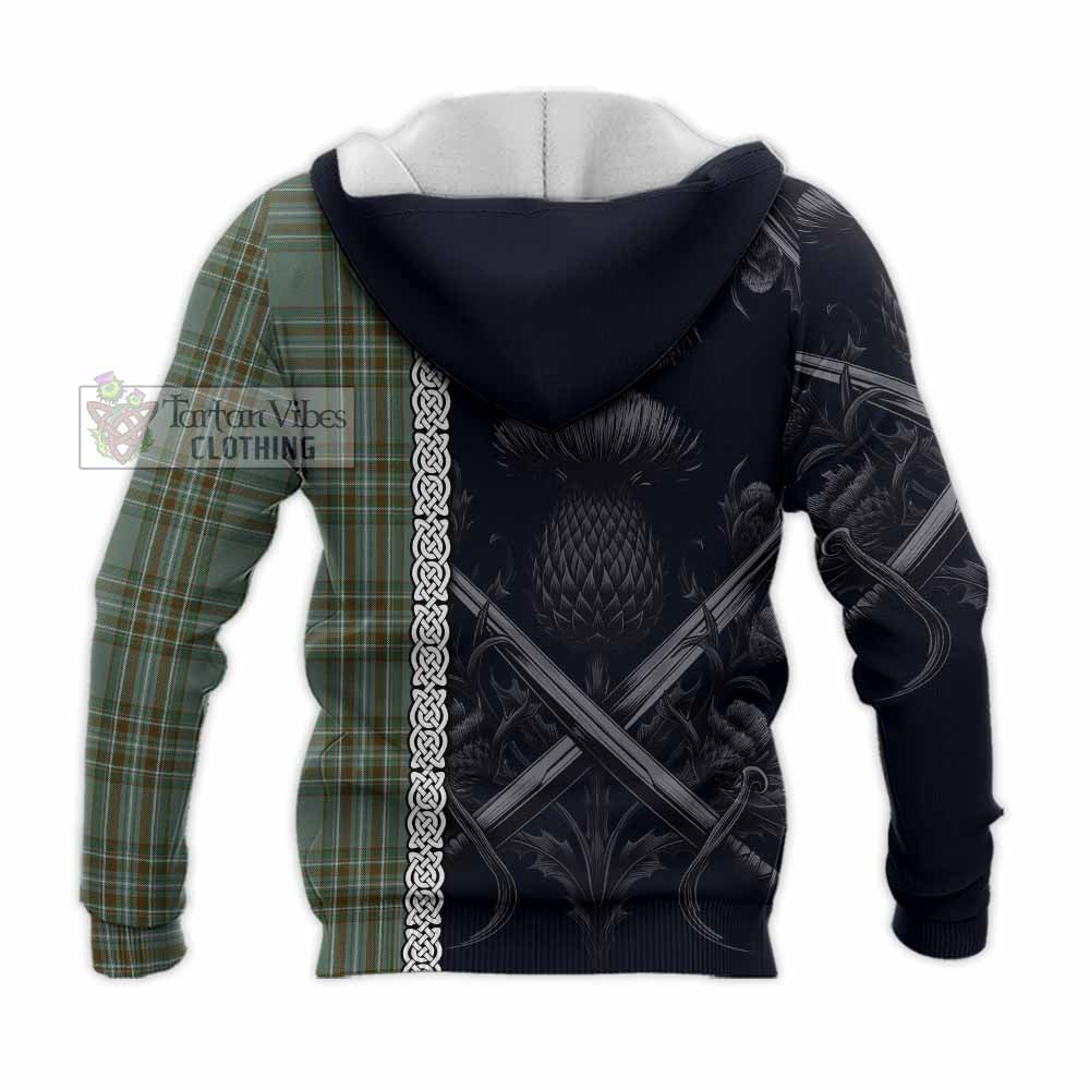 Tartan Vibes Clothing Kelly Tartan Knitted Hoodie with Family Crest Cross Sword Thistle Celtic Vibes