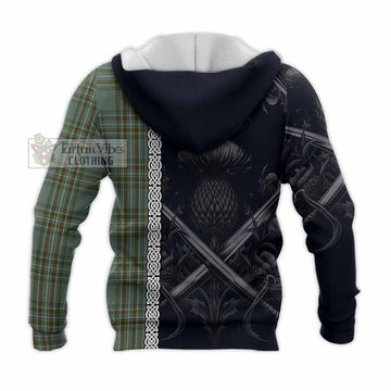 Tartan Vibes Clothing Kelly Tartan Knitted Hoodie with Family Crest Cross Sword Thistle Celtic Vibes