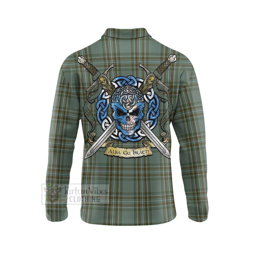 Tartan Vibes Clothing Kelly Tartan Long Sleeve Polo Shirt with Family Crest Celtic Skull Style