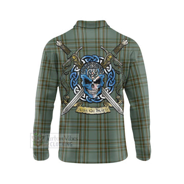 Tartan Vibes Clothing Kelly Tartan Long Sleeve Polo Shirt with Family Crest Celtic Skull Style