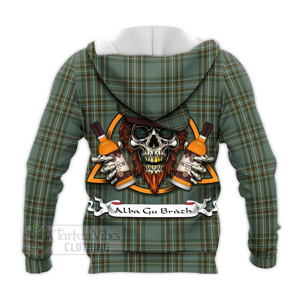 Tartan Vibes Clothing Kelly Tartan Knitted Hoodie with Family Crest and Bearded Skull Holding Bottles of Whiskey