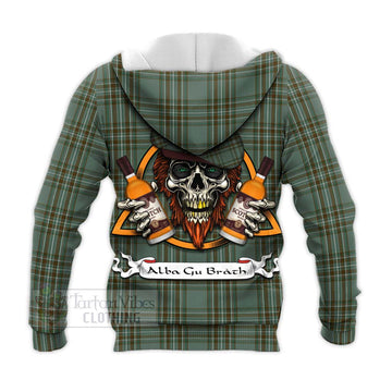 Tartan Vibes Clothing Kelly Tartan Knitted Hoodie with Family Crest and Bearded Skull Holding Bottles of Whiskey